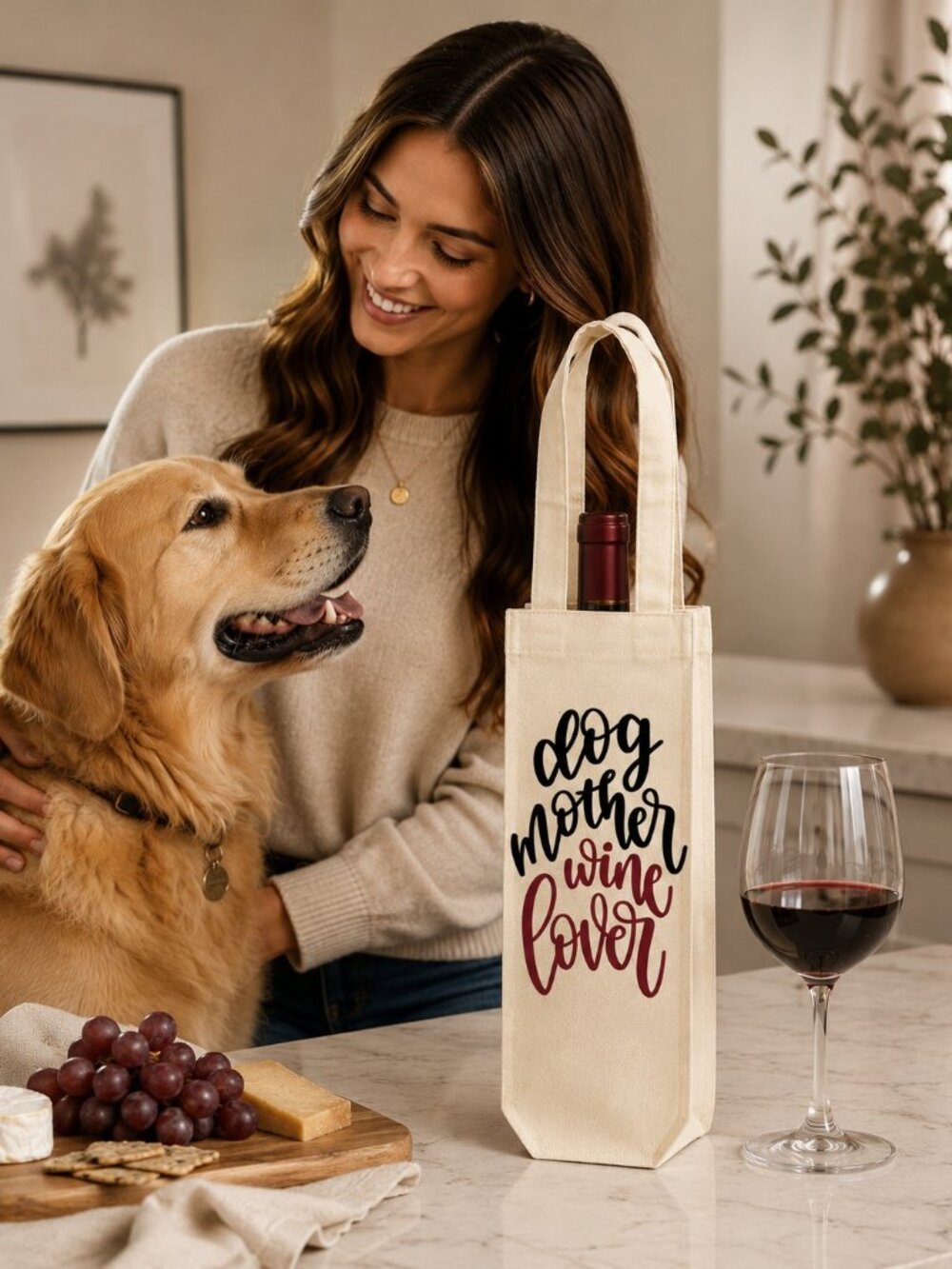 NWT Dog Mother Wine Lover Canvas Reusable Wine Gift Bag